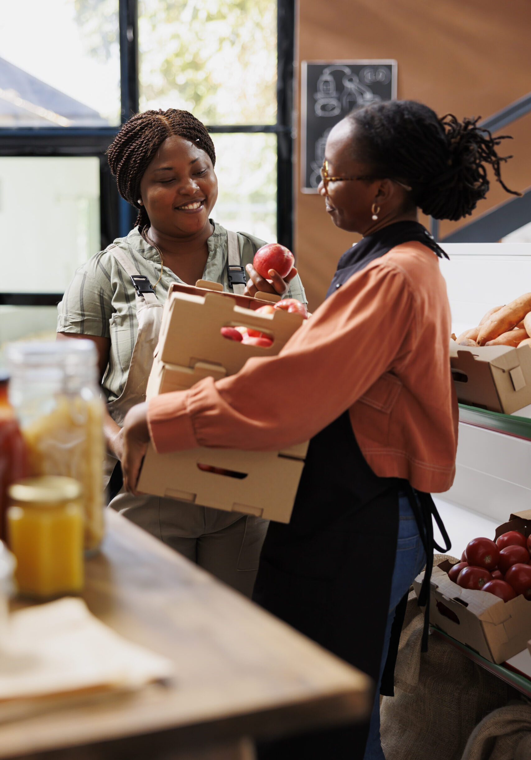 Lady with spectacles receives crates of fresh produce from local farmer at eco friendly store. Storekeeper wearing an apron, carrying boxes of locally grown fruits, purchased from female rancher.